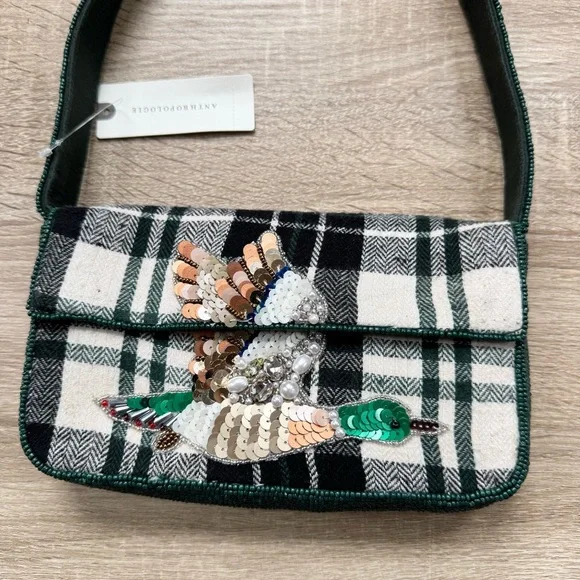 Anthropologie The Fiona Beaded Shoulder Bag Animal Edition Duck Plaid Green - Picture 3 of 13